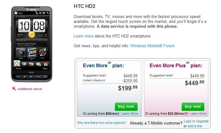 HTC HD2 now back in stock on T-Mobile&#039;s web site