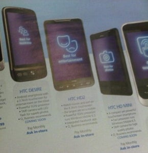 O2's April catalog displays the HTC HD Mini and HTC Desire