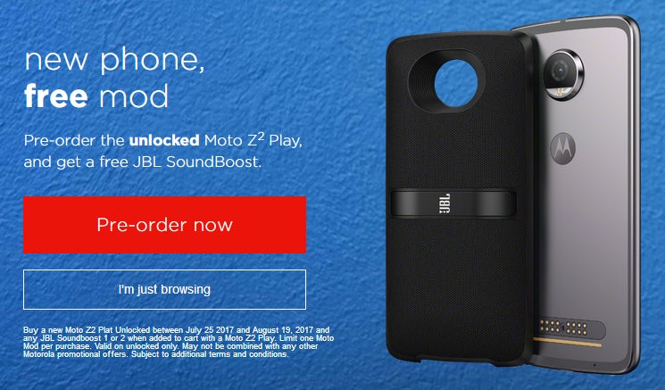 Unlocked Moto Z2 Play 64 GB officially available to pre-order, free JBL SoundBoost Moto Mod included