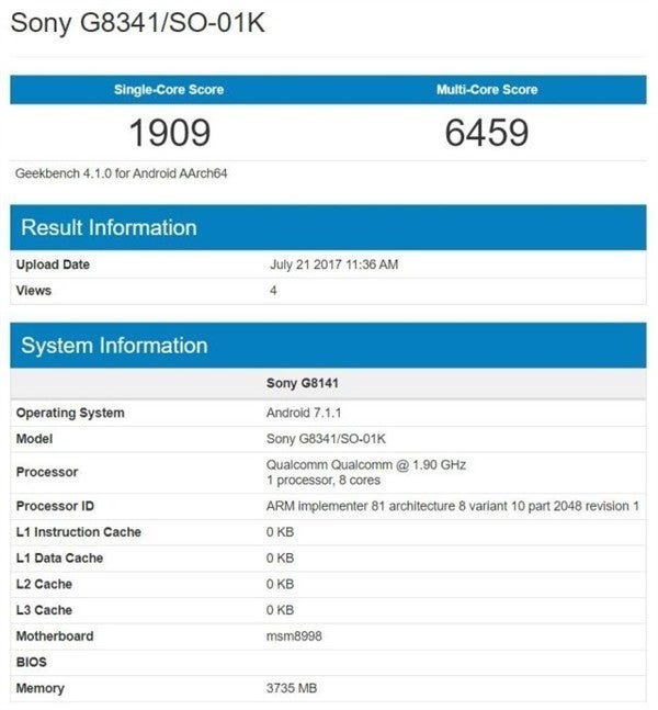 Sony Xperia XZ1 (Sony G8341) spotted in benchmark with Snapdragon 835 CPU, 4GB RAM