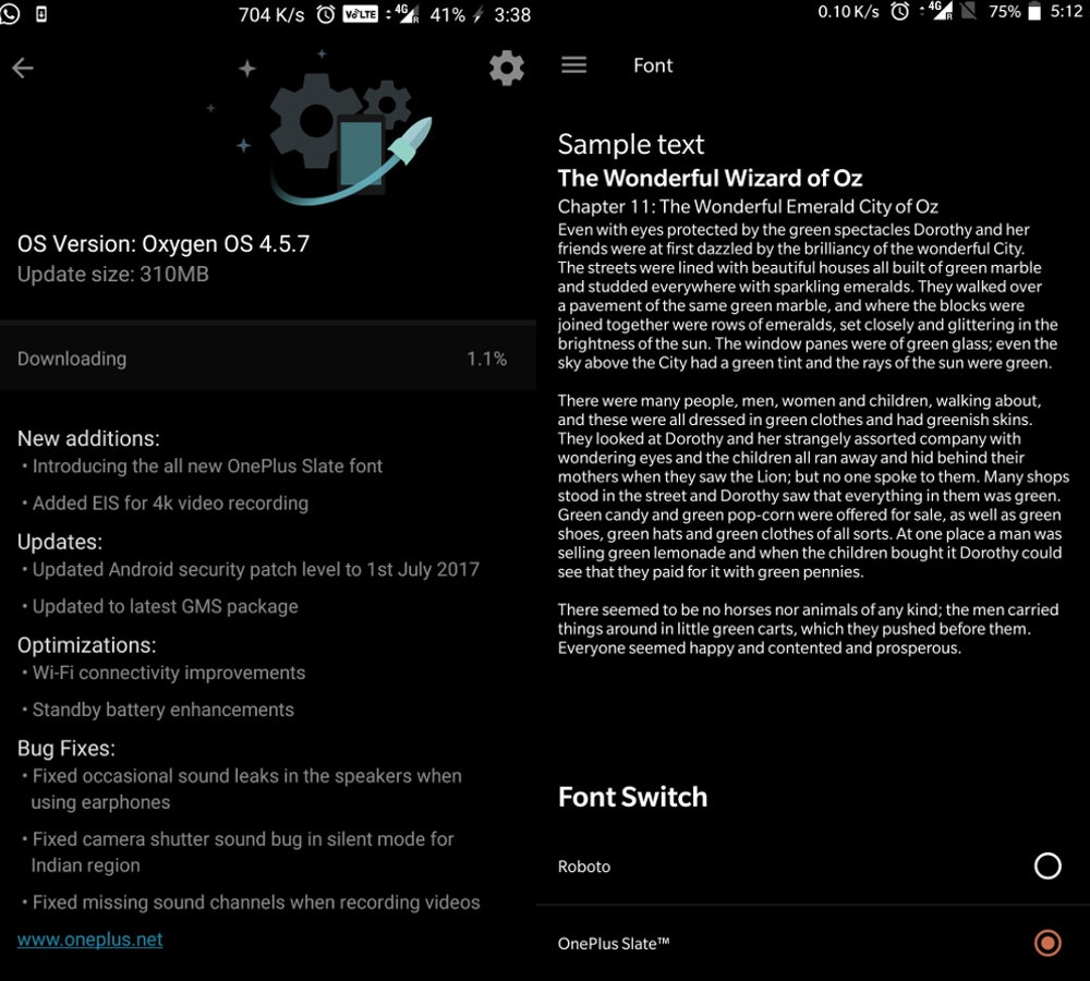 OxygenOS 4.5.7 patch notes (left); Font Switch + OnePlus Slate font (right) - OnePlus 5 gets a major new update: OxygenOS 4.5.7 packs EIS for 4K recording, font chooser, and more