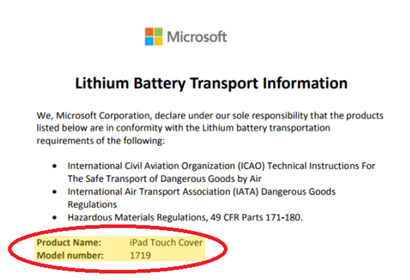 Microsoft document about Lithium batteries mentions a Microsoft Touch Cover for the Apple iPad - Document seems to reveal a Microsoft built Touch Cover for the Apple iPad