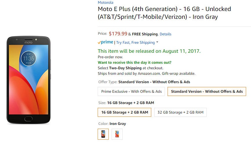 Unlocked Moto E4 Plus now up for pre-order in the US for $179.99, ships on August 11