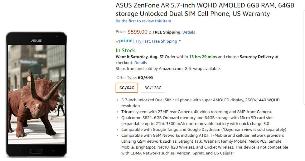 Unlocked Asus ZenFone AR is cheaper on Amazon than the Verizon-bound model