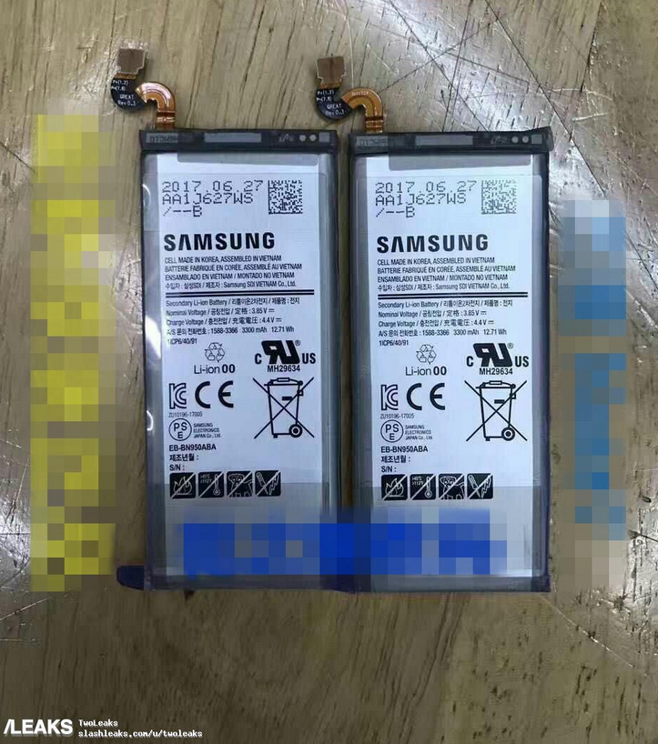Image allegedly shows two 3300mAh batteries, each one for the Samsung Galaxy Note 8 - 3300mAh batteries for Samsung Galaxy Note 8 surface