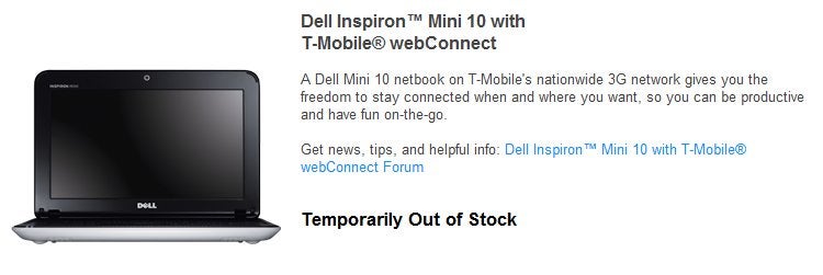 Dell Mini 10 netbook for T-Mobile also out of stock online