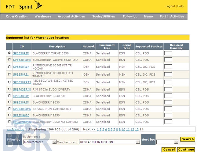 Sprint order forms show BlackBerry 9650 and 8230, Motorola ES400 and more