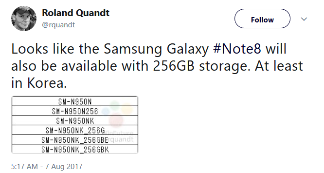 A version of the Samsung Galaxy Note 8 with 256GB of native storage is expected in Soutrh Korea - So-called Emperor Edition of Samsung Galaxy Note 8 rumored to feature 256GB of native storage