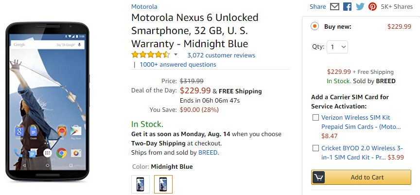 Deal: Amazon is selling the Nexus 6 for just $229.99 ($90 off)