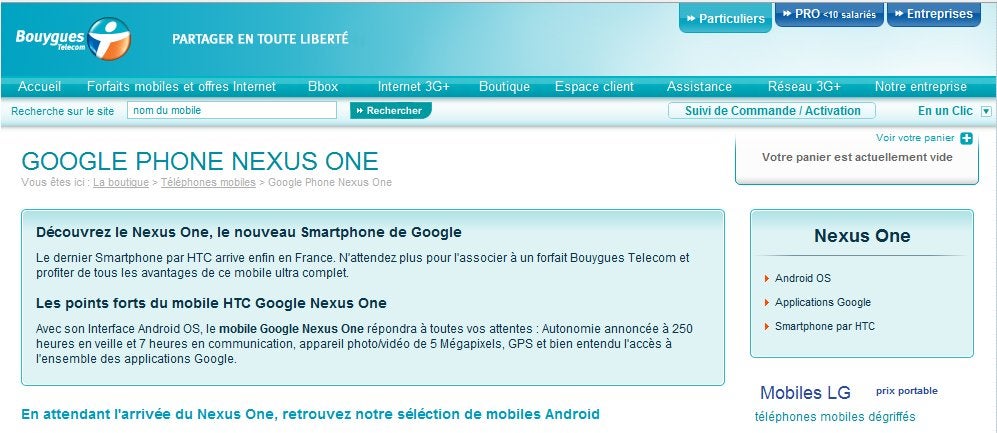 France&#039;s Bouygues Telecom is now listing the Nexus One - no word on availability