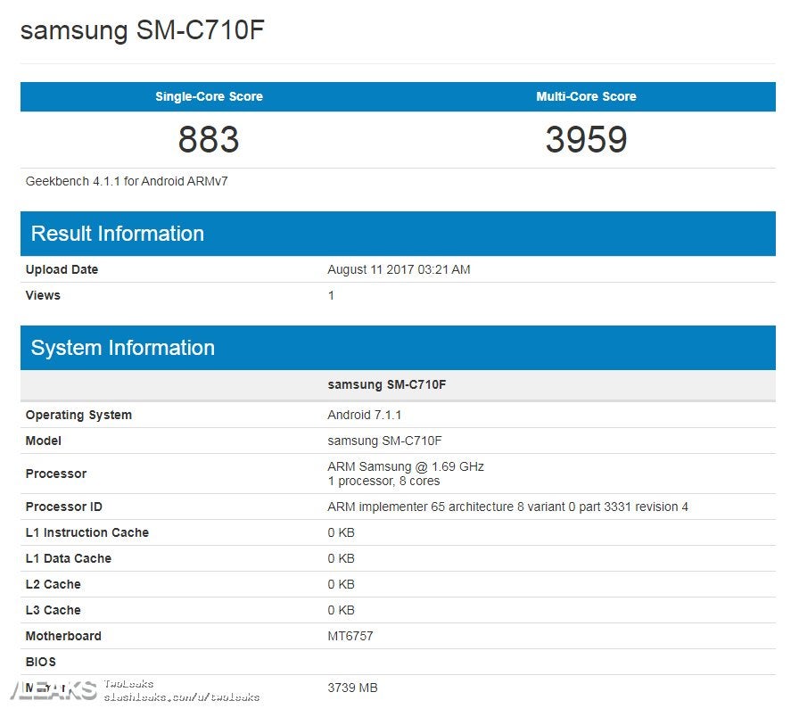 Samsung Galaxy C7 spotted on Geekbench - Mid-range Galaxy C7 spotted on Geekbench with a Helio P20 chipset and 4GB of RAM