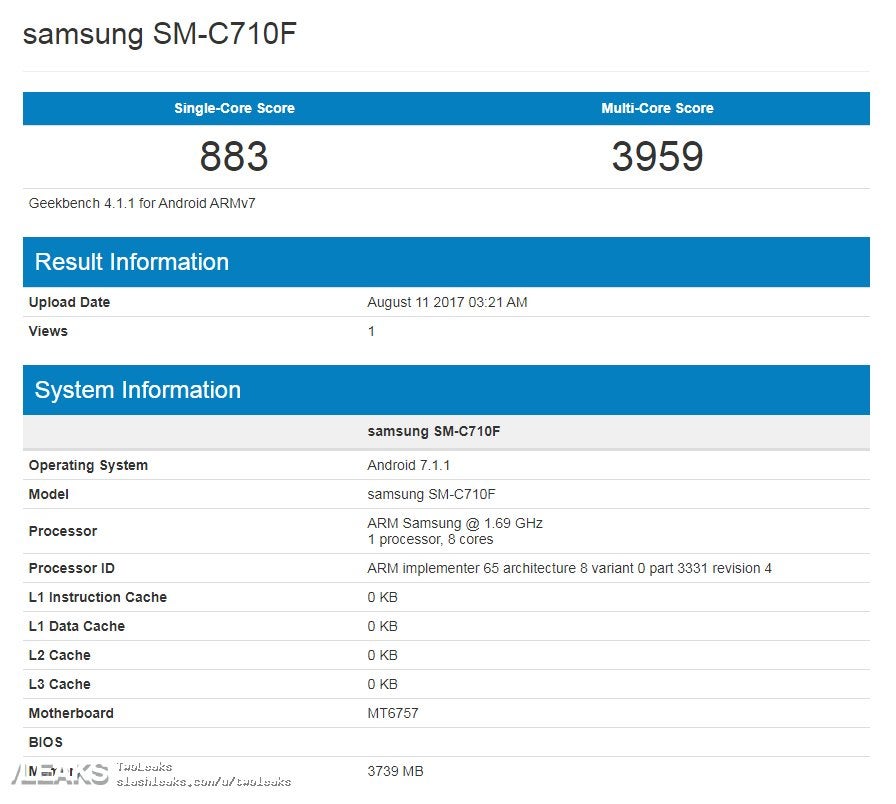 Samsung Galaxy C7 spotted on Geekbench - Mid-range Galaxy C7 spotted on Geekbench with a Helio P20 chipset and 4GB of RAM