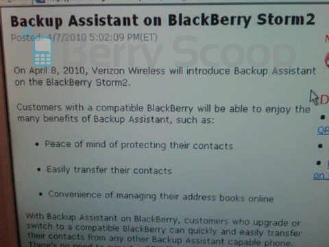 Verizon&#039;s BlackBerry Storm2 to get Backup Assistant today?