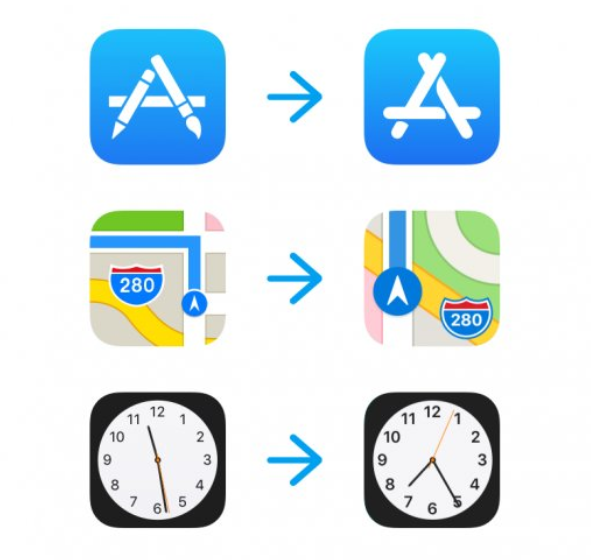 Current icons at left and the new version on right - New iOS 11 icons surface for Apple Maps, App Store and Clock; iOS 11 beta 6 is released