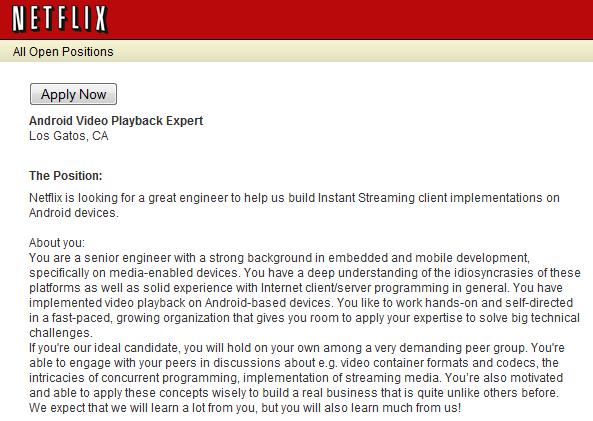 Netflix looking for Android Engineer to expand suppport to Android devices