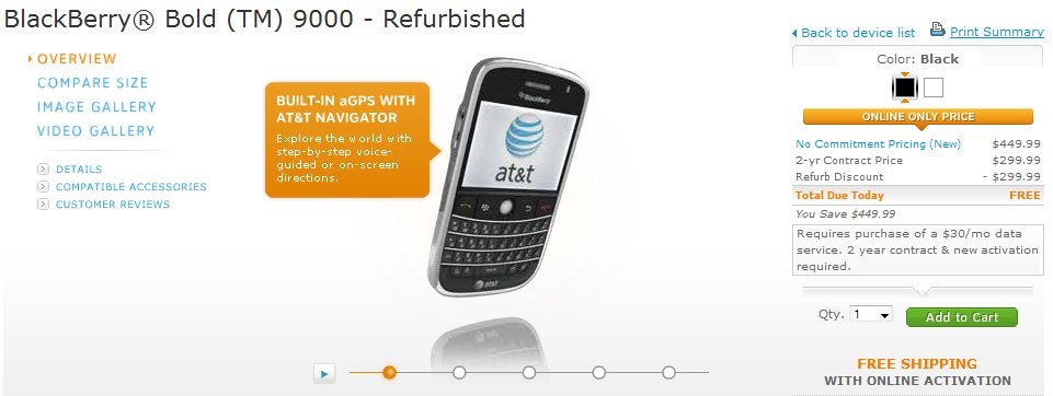 No money needed in getting a refurbished BlackBerry Bold 9000 from AT&amp;T