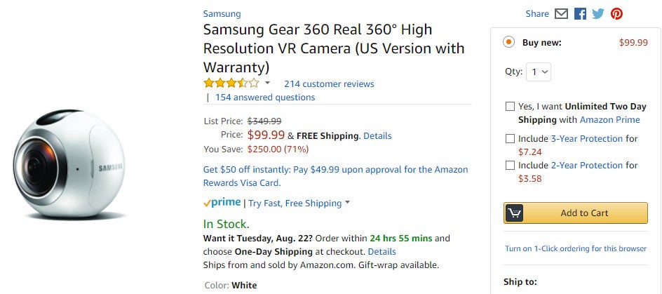 Deal: Samsung Gear 360 (first-generation) costs less than $100 on Amazon
