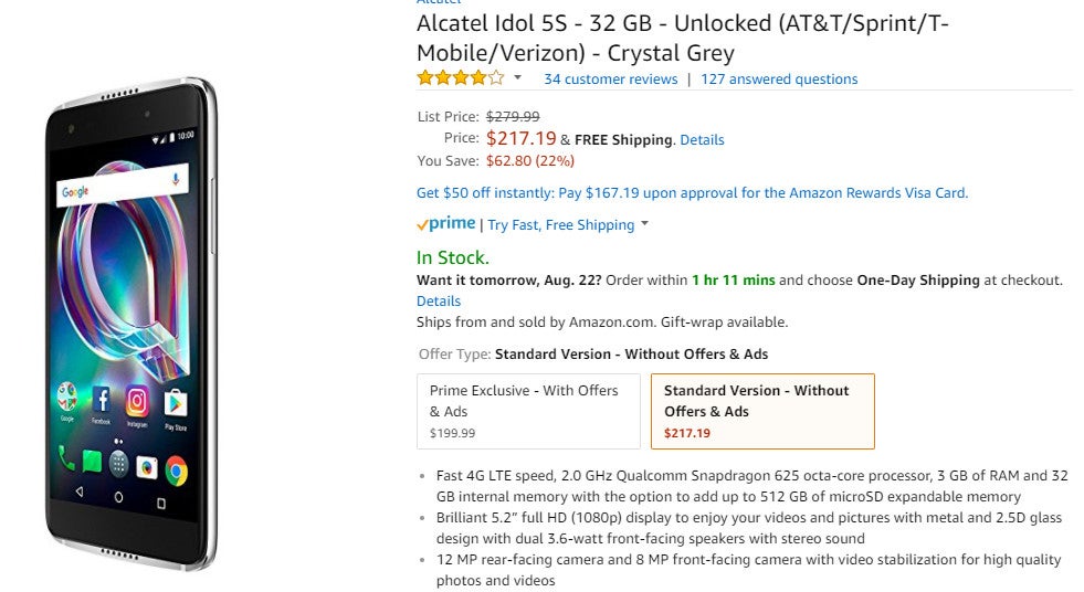 Deal: The unlocked Alcatel Idol 5S with Android 7.1 Nougat is on sale for 22% off