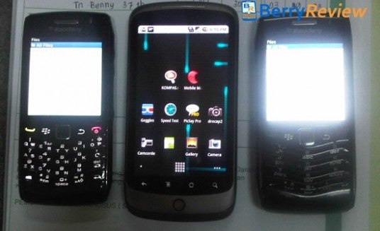 From L to R-Pearl 9100, Nexus One, Pearl 9105 - BlackBerry Pearls 9100/9105 snapped with respective keyboards