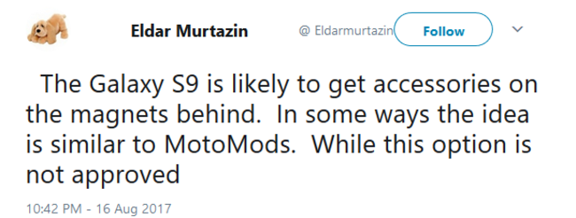 Google Translate version of Eldar Murtazin's tweet - Samsung Galaxy S9 might feature modular capabilities