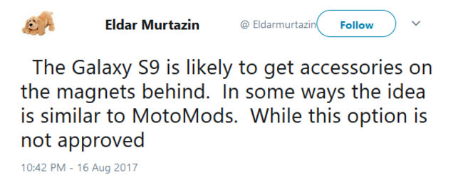 Google Translate version of Eldar Murtazin&#039;s tweet - Samsung Galaxy S9 might feature modular capabilities