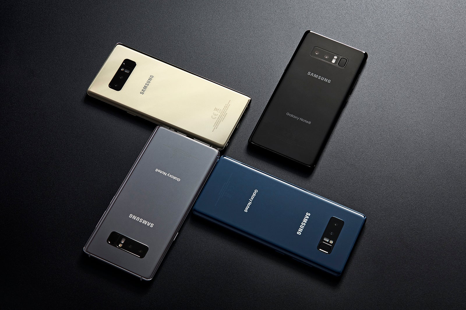 The Note 8 in (clockwise) Midnight Black, Deepsea Blue, Orchid Grey, and Maple Gold - The Samsung Galaxy Note 8 is now official: Productivity overwhelming!