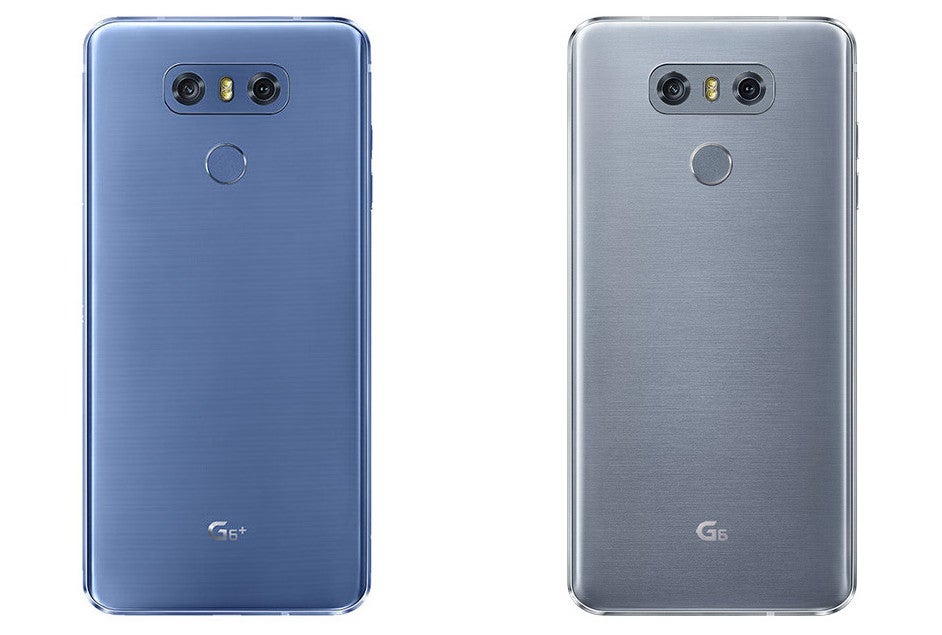 LG G6+ in Marine Blue (left) and LG G6 in Ice Platinum (right) - LG V30 back cover poses for the camera on Note 8 announcement day