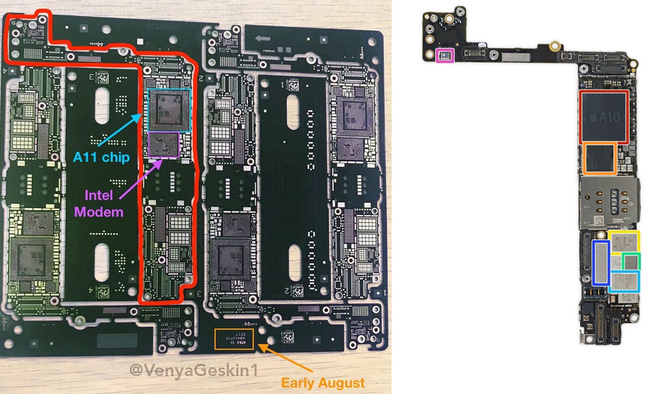 iPhone 7s Plus bare logic board (left; credit @VenyaGeskin1) vs iPhone 7 Plus logic board (right; credit iFixit.com) - iPhone 7s Plus bare logic board poses for the camera, A11 chip and Intel modem markings observed