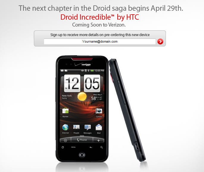 First official photo of the HTC Droid Incredible for Verizon Wireless - HTC Droid Incredible appears on offical Verizon page, comes April 29