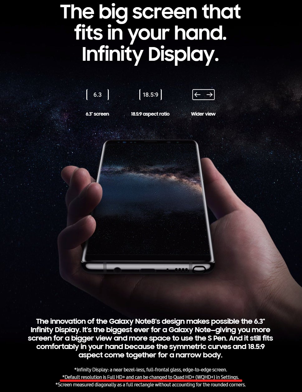 FYI: The screen of Samsung&#039;s Galaxy Note 8 has a default resolution of 1080 x 2220 pixels