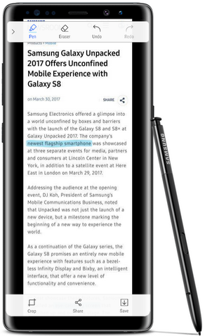 Samsung Galaxy Note 8 with the S Pen at right - Future S Pen might capture digital signatures and carry a microphone