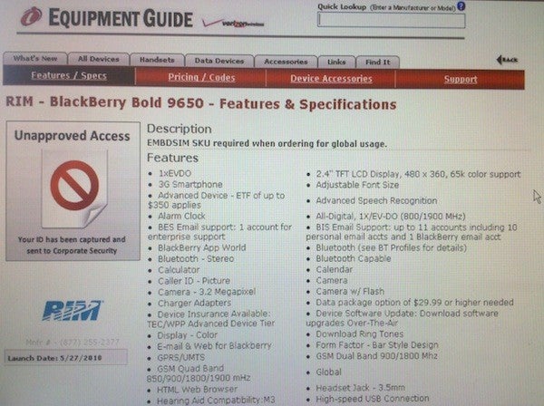 BlackBerry Bold 9650 gets spotted on Verizon&#039;s Equipment Guide