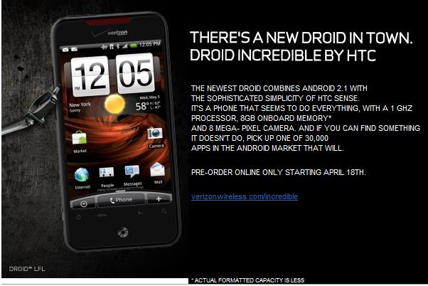 Verizon will also take pre-orders for the Droid Incredible on Sunday