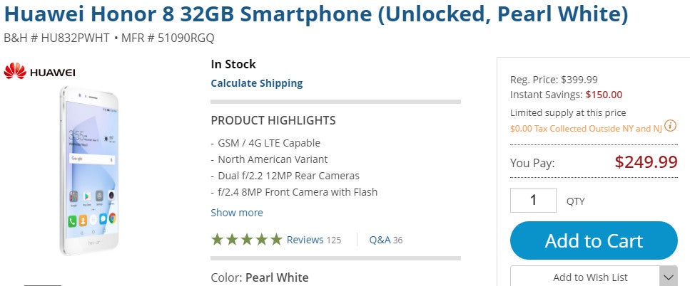 Deal: Grab the 32GB Honor 8 for just $249.99 via B&H