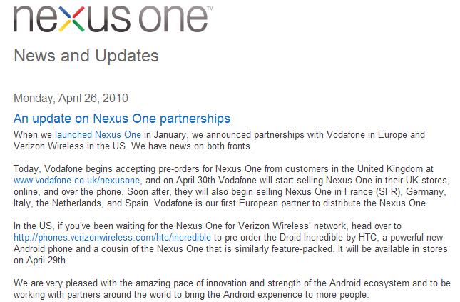 Google won't sell Nexus One to Verizon customers; suggests buying Droid Incredible instead