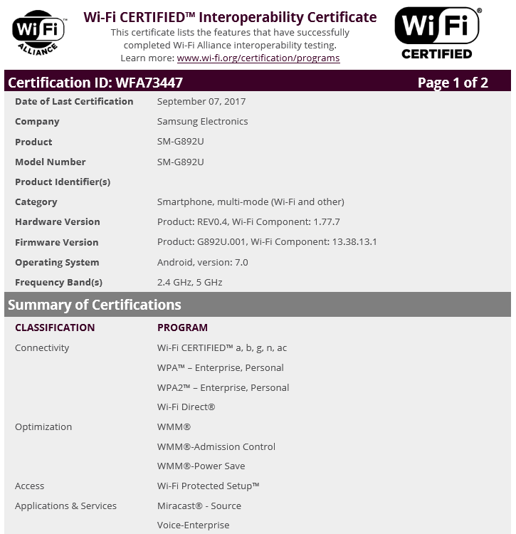 An unlocked version of the Samsung Galaxy S8 Active receives its Wi-Fi certification - Wi-Fi Alliance certifies the unlocked Samsung Galaxy S8 Active?