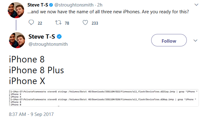Firmware leak from iOS 11 GM indicates the names of the three new 2017 iPhone models - GM leak of iOS 11 reveals 2017 Apple iPhone names: iPhone X, iPhone 8 and iPhone 8 Plus