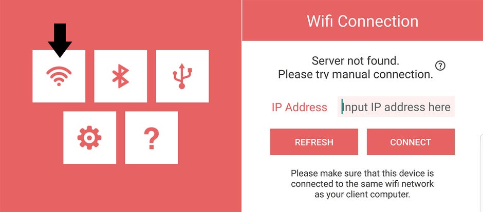 Tap on the Wi-Fi symbol to initiate a connection. If it doesn't pair automatically with your PC, try typing in your IP address - How to turn the Galaxy Note 8 into a graphics tablet for your PC