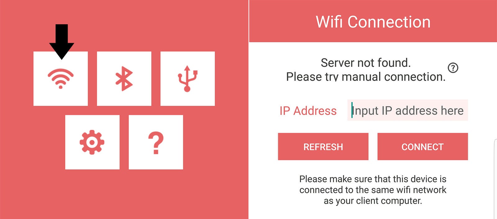 Tap on the Wi-Fi symbol to initiate a connection. If it doesn&#039;t pair automatically with your PC, try typing in your IP address - How to turn the Galaxy Note 8 into a graphics tablet for your PC