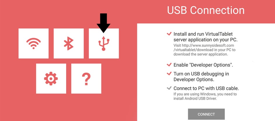 After you've enabled USB debugging on your Note 8, connect it to your computer via USB, tap the connect button, and launch the Server app. That's it! - How to turn the Galaxy Note 8 into a graphics tablet for your PC