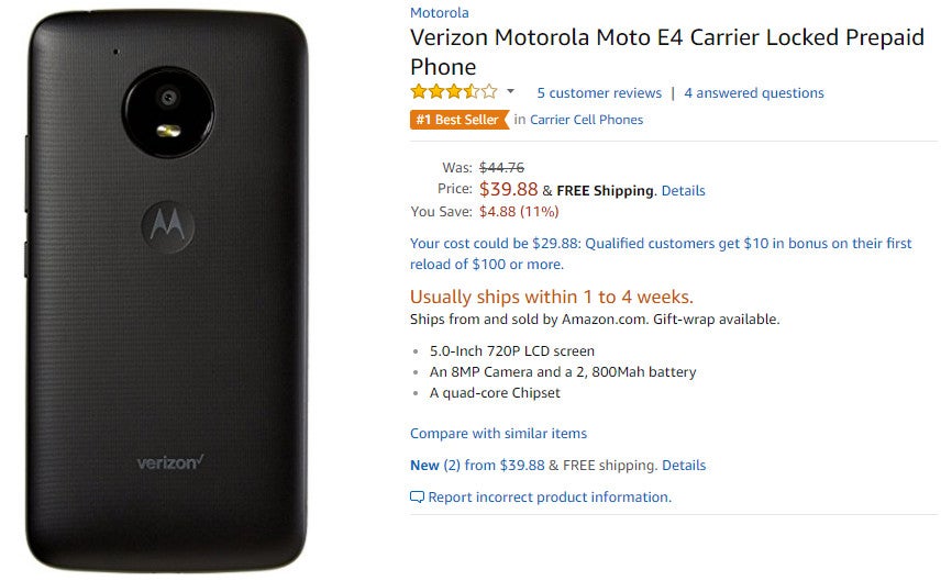 Deal: The Moto E4 is just $40 (44% off) on Amazon, but it's locked to Verizon