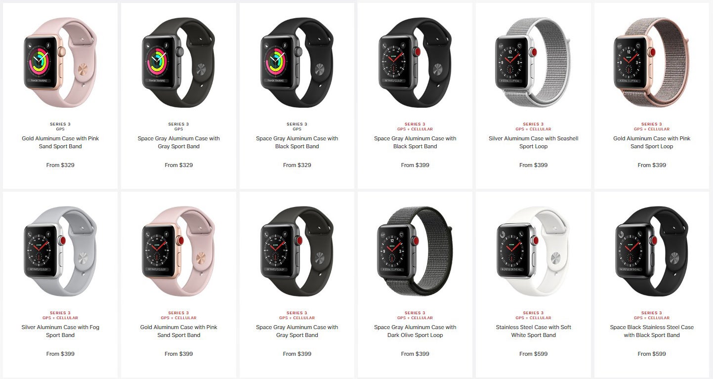 A sampling of all the different Series 3 SKUs available on Apple&#039;s website right now - Apple Watch Series 3 models with no LTE won&#039;t come in ceramic or stainless steel variants