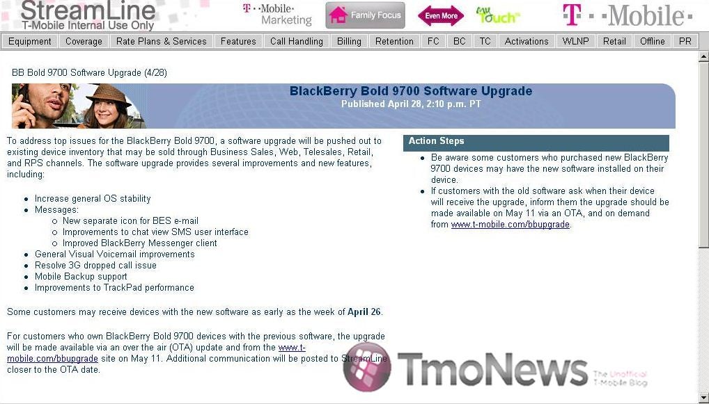 T-Mobile&#039;s BlackBerry Bold 9700 getting a software update soon
