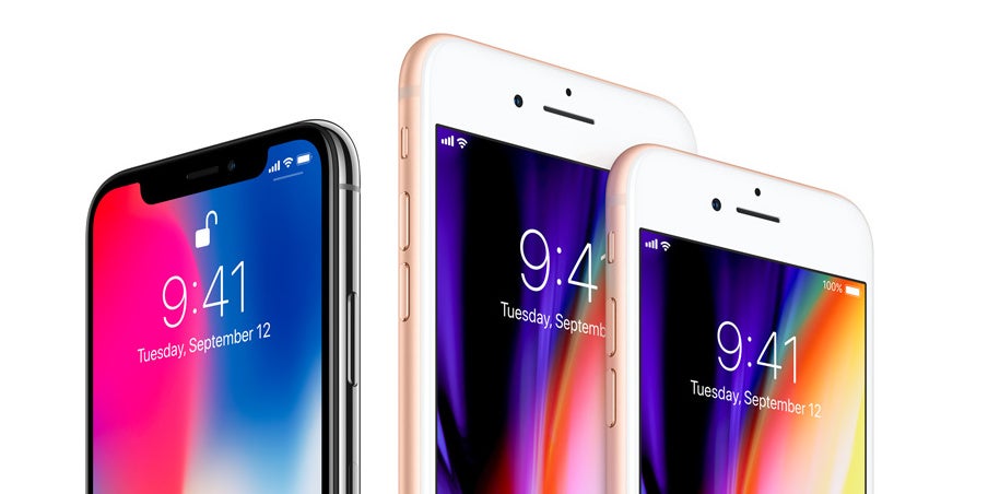 iPhone X, iPhone 8 Plus and iPhone 8, from left to right - Apple iPhone X's 5.8-inch screen is actually smaller than the 5.5-inch iPhone 8 Plus display