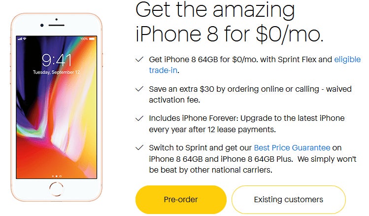 iPhone 8 is available for $0 per month at Sprint, but only with eligible trade in