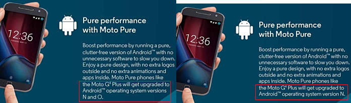 At left, promotional material for the Moto G4 Plus mentions an update to Android O, a comment recently erased by Motorola - Motorola reversal: Moto G4 Plus to get updated to Android 8.0