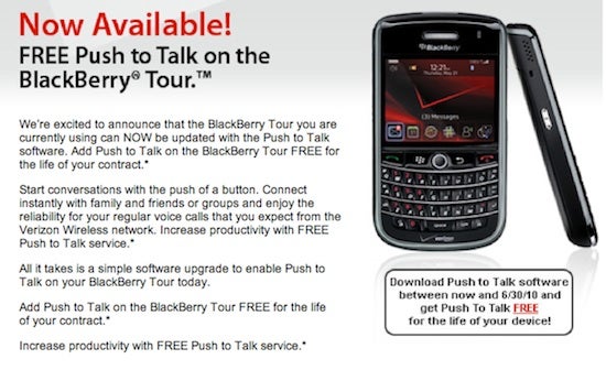 New Verizon BlackBerry Tour 9630 owners getting free push-to-talk service?