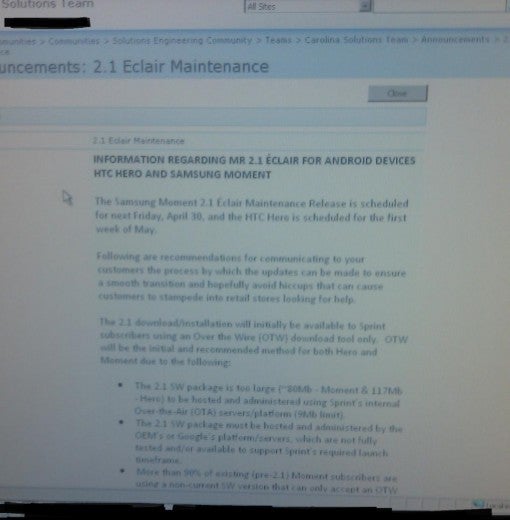 Sprint&#039;s Android 2.1 update to be done via wire instead of OTA; wipe might be necessary