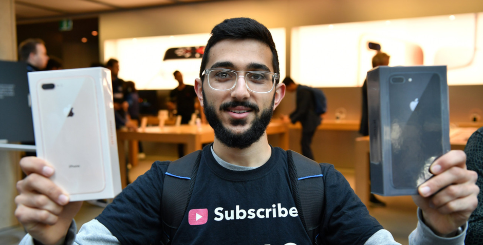 Mazen Kourouche is the first to buy the Apple iPhone 8 Plus from the Sydney Apple Store - Only 30 people line up for iPhone 8 at the Sydney Apple Store