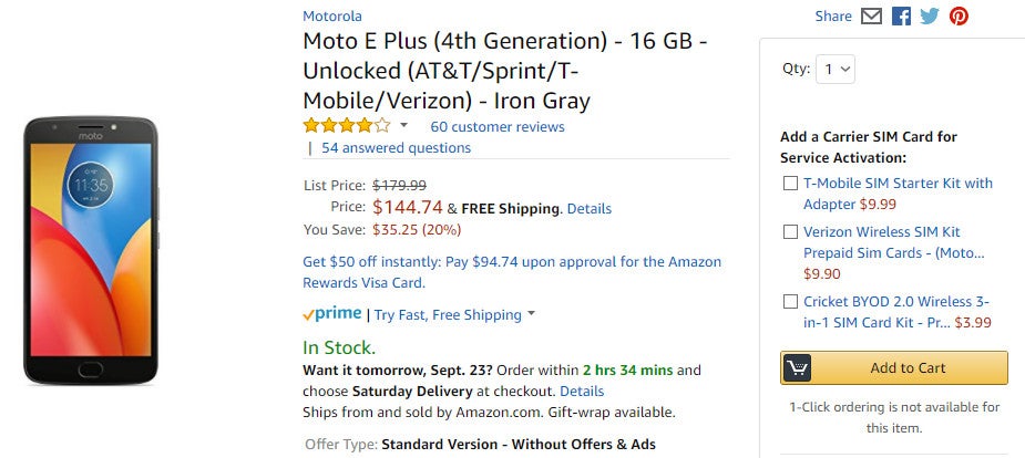 Deal: Unlocked Moto E4 Plus costs just $145 (20% off) on Amazon
